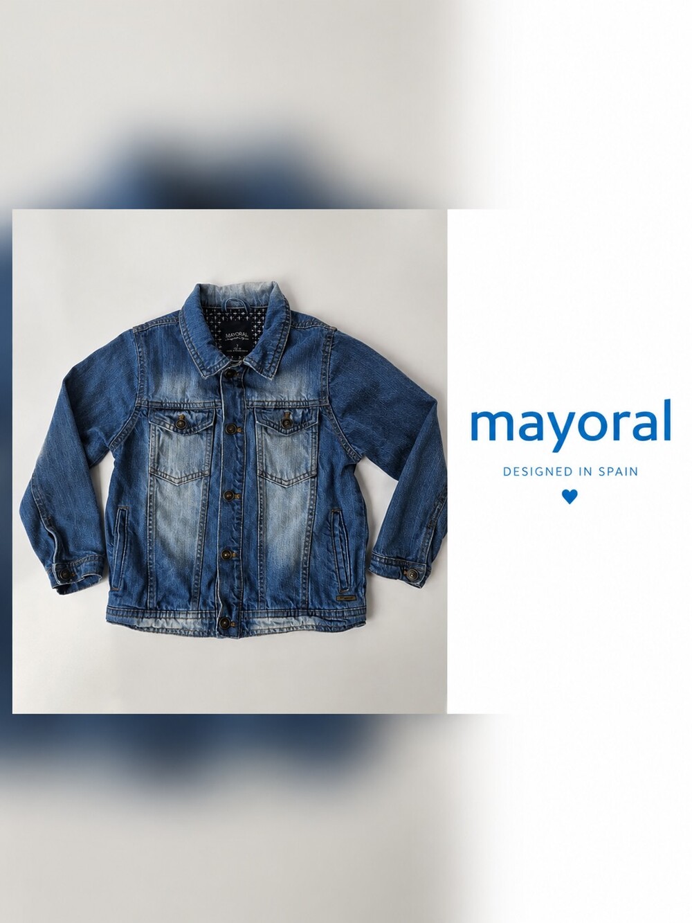 Mayoral Boys Denim Jean Jacket Size 7 / 122 cm Medium Wash 100% Cotton